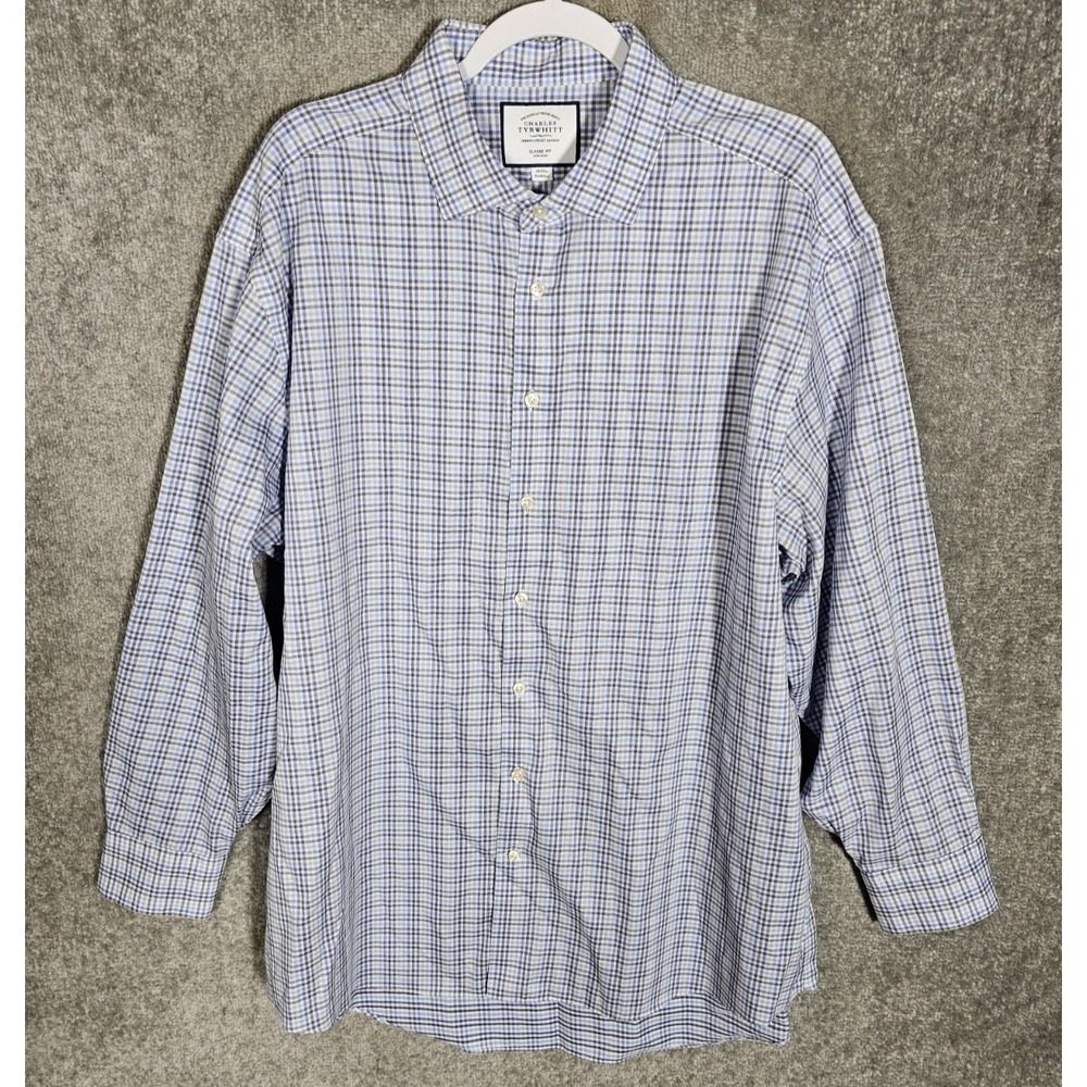 Charles Tyrwhitt Classic Fit Button Up Shirt Mens Size 18/35 Blue Plaid Non Iron